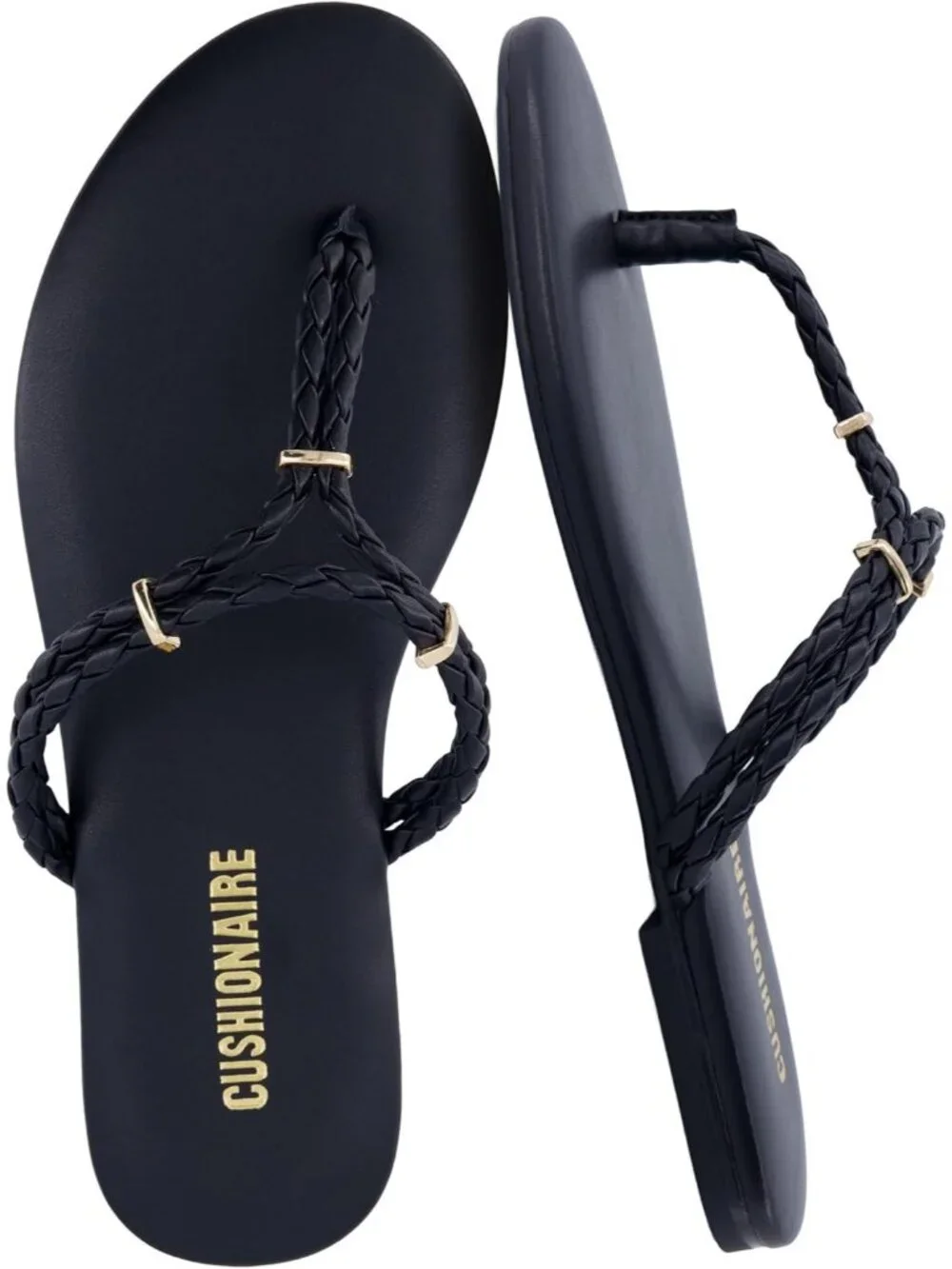 Women's Black Comfortable Trio Flip Flops with Braided Thong Strap Sandals